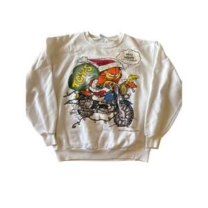 Vintage ‘78 Santa Biker Garfield Christmas Freeze NY USA Made L White Crewneck